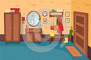 Cartoon hallway background. Panorama with stairs, doors, wardrobe, chest of drawers, mirror, coat rack with clothes, umbrella.Vect photo